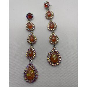 Orange Dangling Earrings adorned‎ with multi colored Rhinestones lightweight